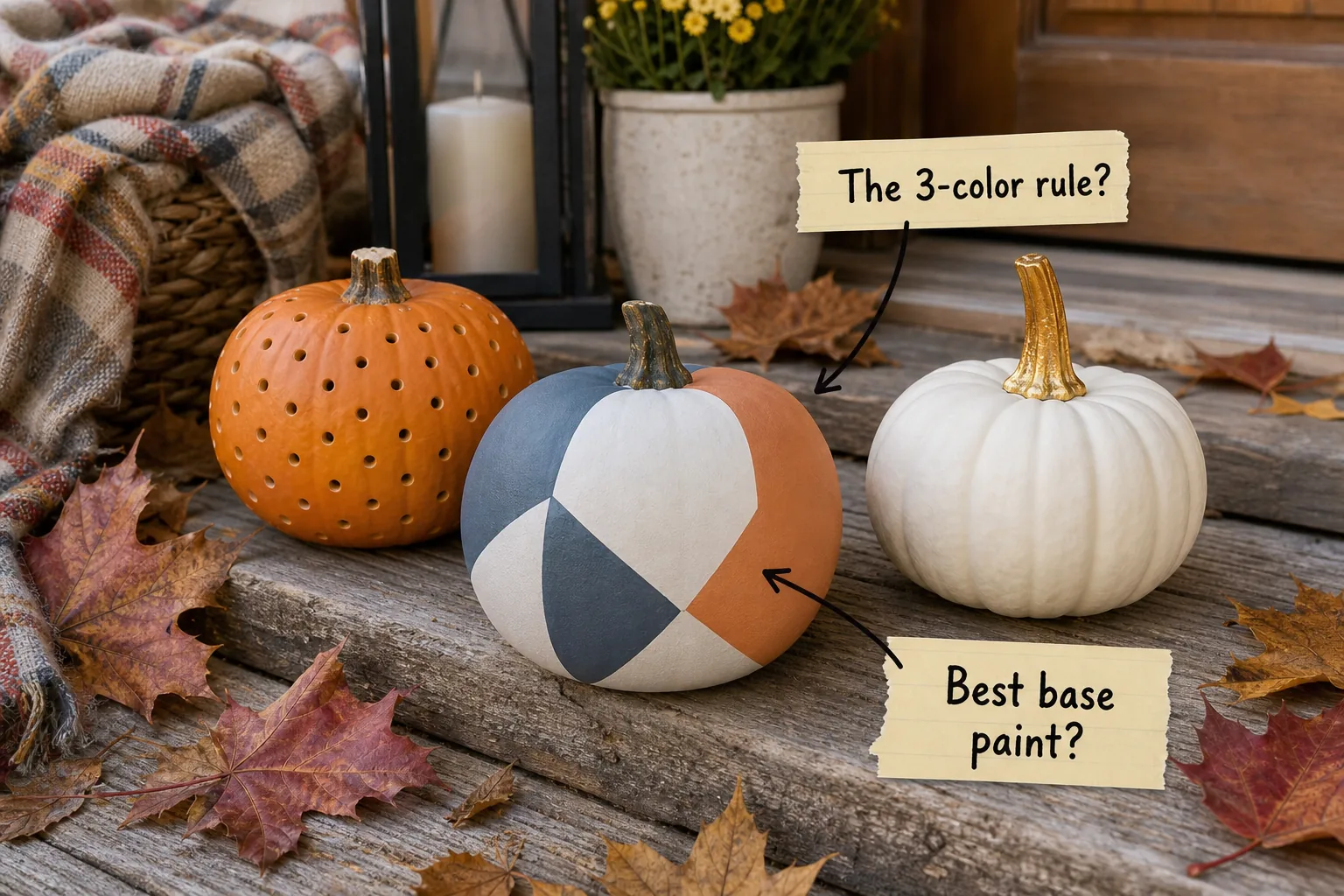 Three styled mini pumpkins arranged on a rustic wooden porch step with scattered autumn leaves.