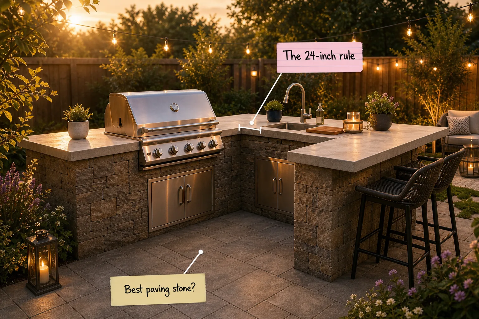 An outdoor kitchen at golden hour featuring a built-in grill, stone masonry base, concrete counters, and a raised bar with seating.