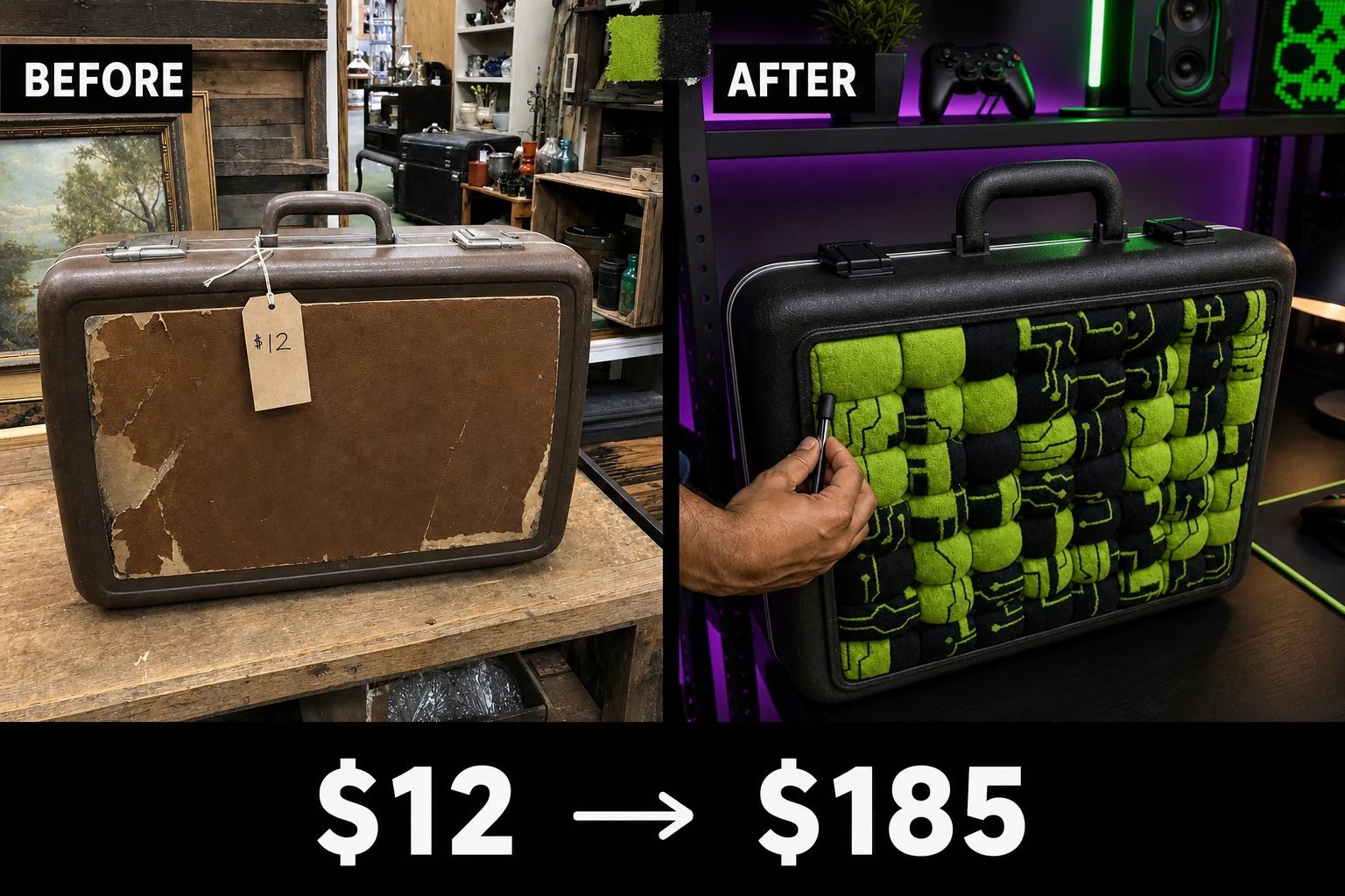 suitcase cyberpunk tufting makeover