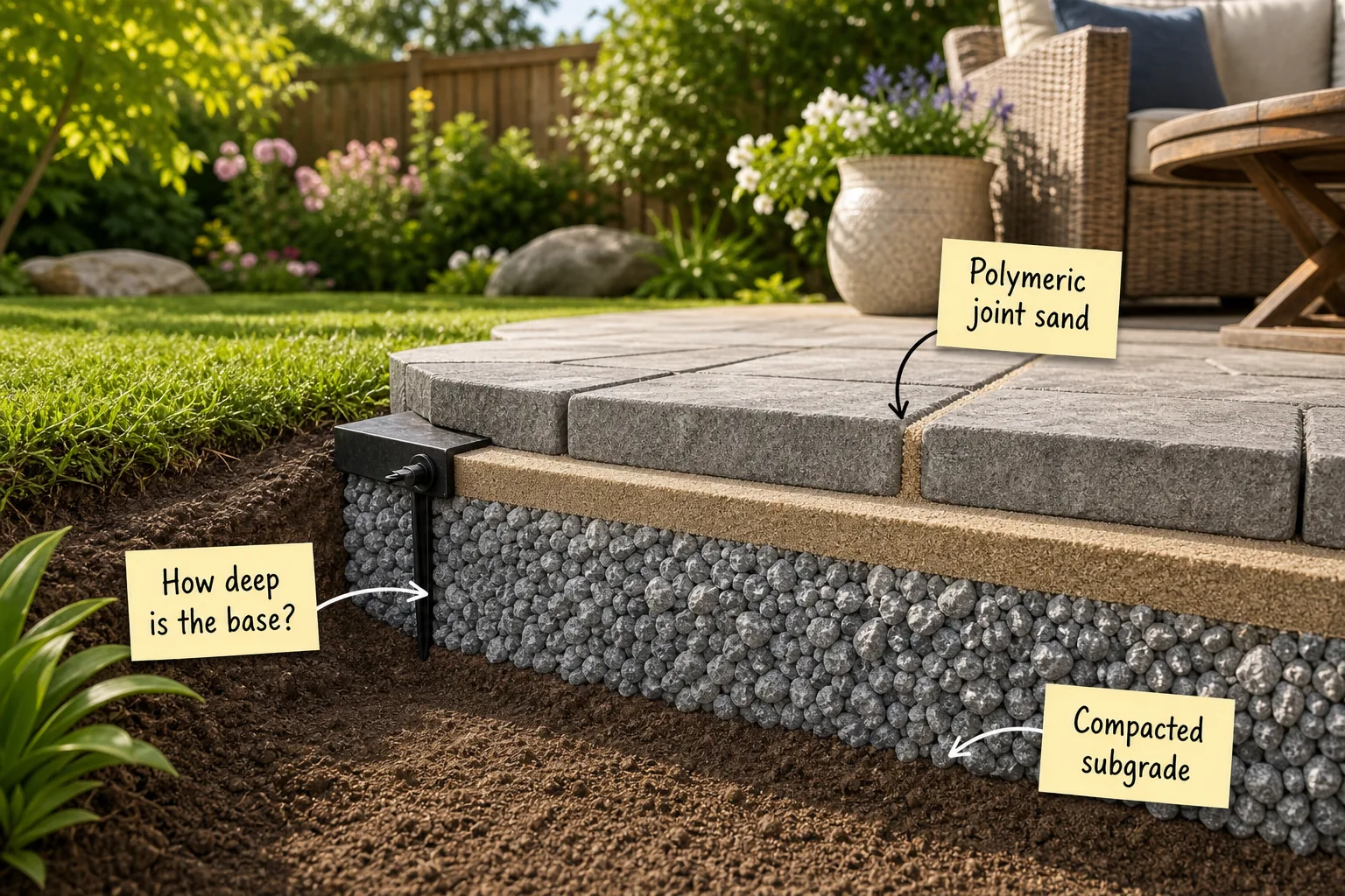 A stepped cutaway view showing the underground layers of a paver patio, from dirt to gravel to sand to top pavers.