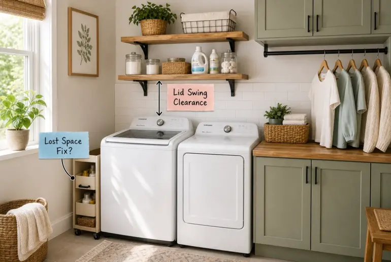 A beautifully organized laundry room with a white top-loading washer, sage green cabinets, wood floating shelves, and a slim rolling cart tucked beside the washer.
