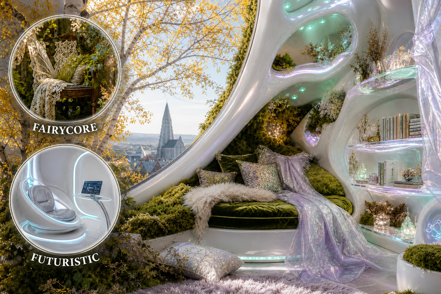 fairycore futuristic reading nook