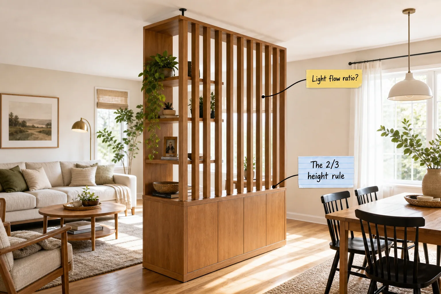 A modern slatted wood room divider with open shelves separating a living room and dining area, featuring two annotated labels.