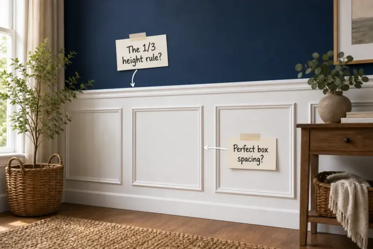 A styled hallway featuring crisp white picture-frame wainscoting on the lower wall and a deep moody blue upper wall, accented by a woven basket.