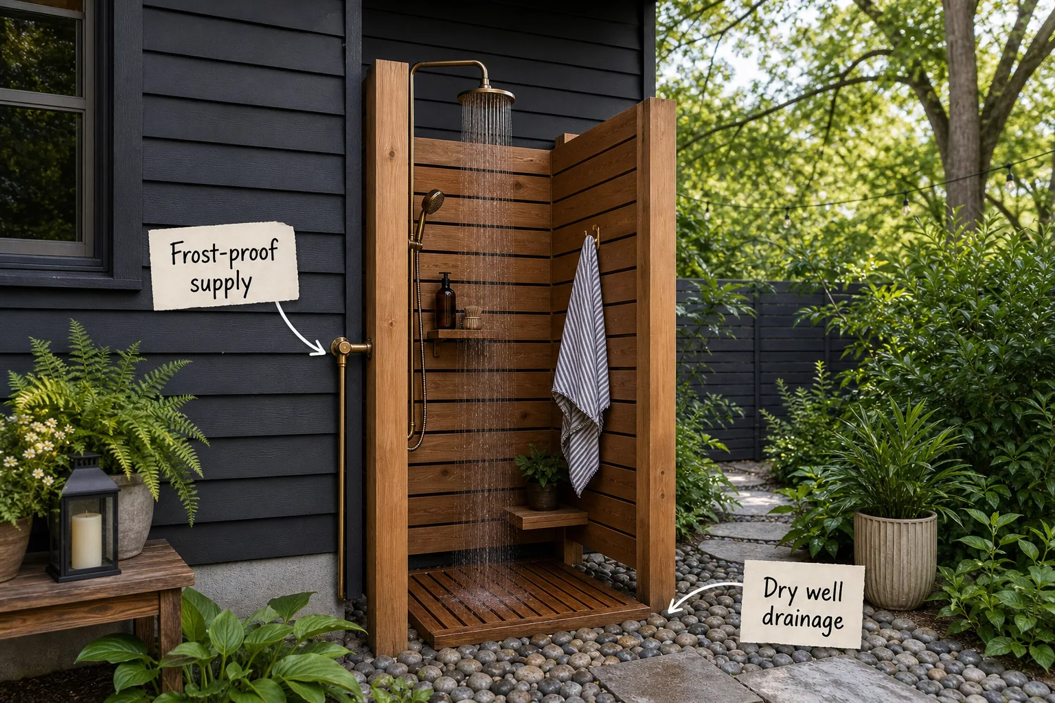 A rustic-modern outdoor shower with cedar walls and exposed brass plumbing against a dark painted house.
