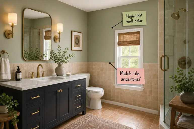 Modern bathroom with sage green walls, a dark charcoal vanity, warm zellige wainscoting, and brass fixtures.