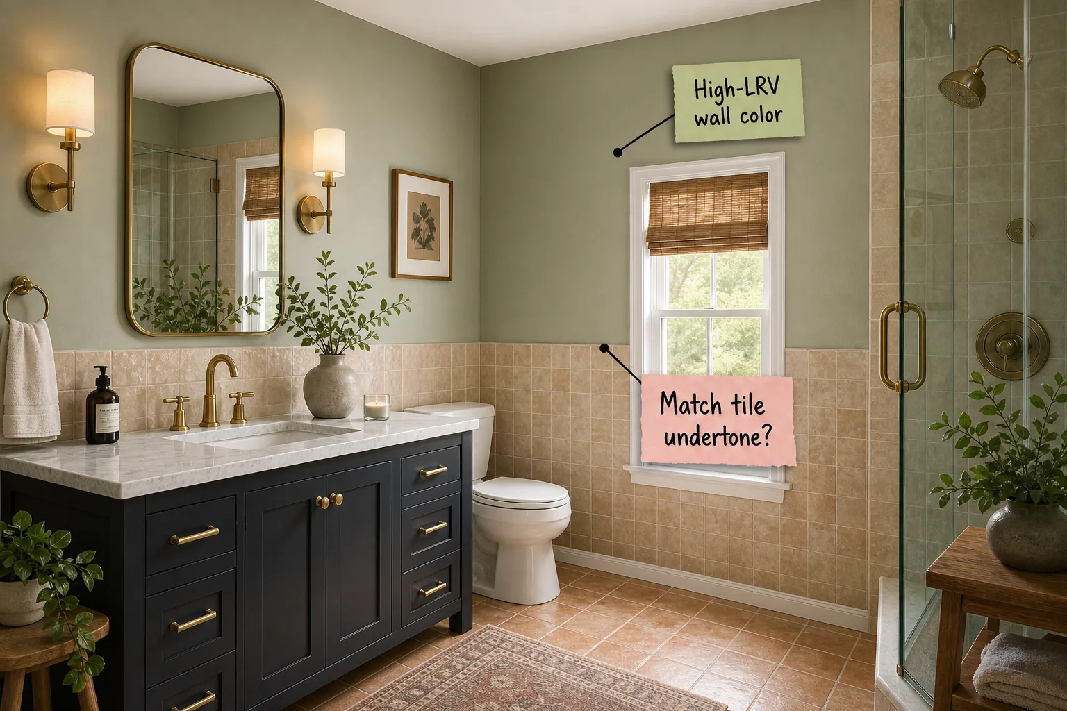 Modern bathroom with sage green walls, a dark charcoal vanity, warm zellige wainscoting, and brass fixtures.