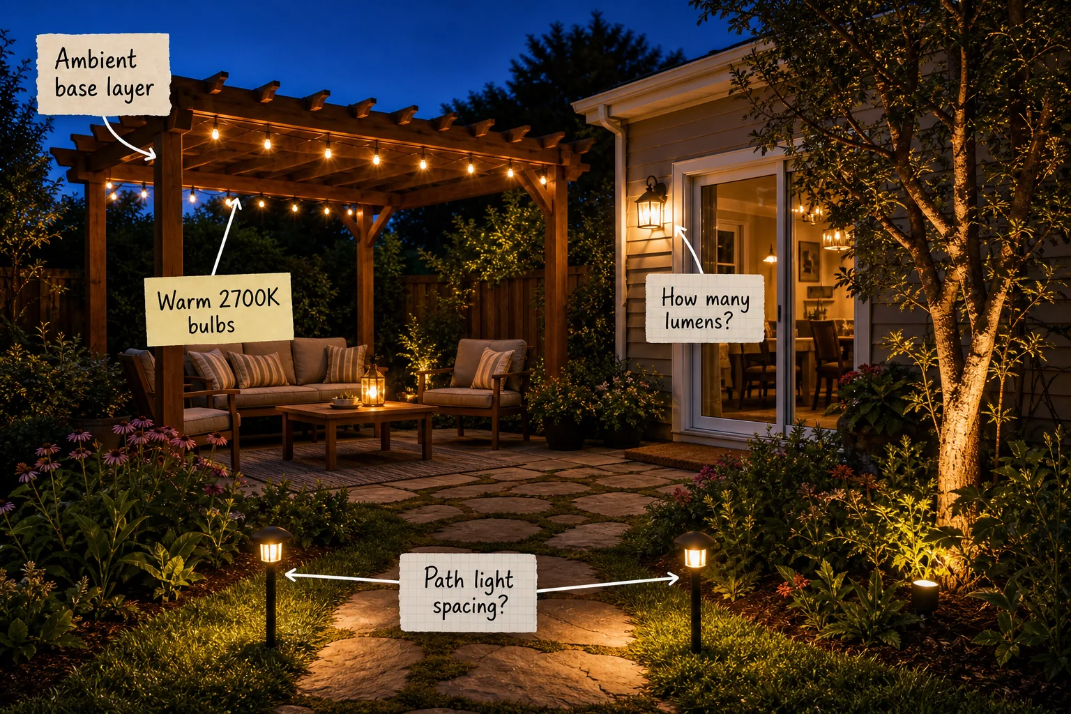 A cozy backyard patio at twilight illuminated by string lights over a pergola, a wall sconce, and landscape lighting.