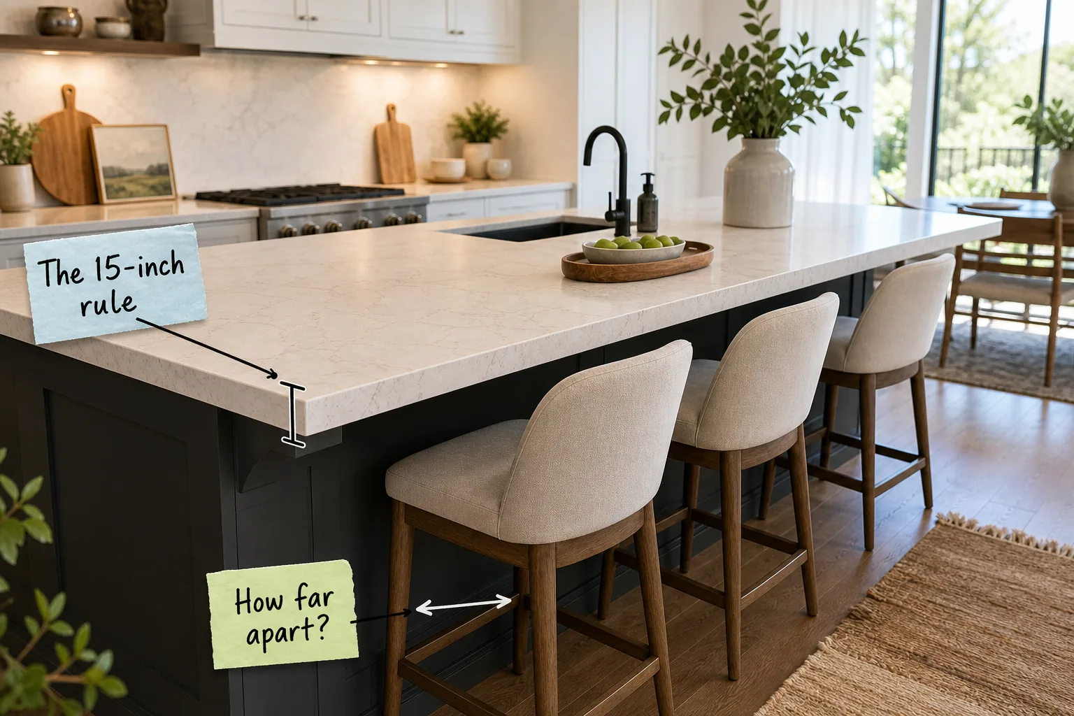 A modern kitchen island with a white quartz countertop, dark grey base, and three upholstered wood counter stools arranged neatly in a row.