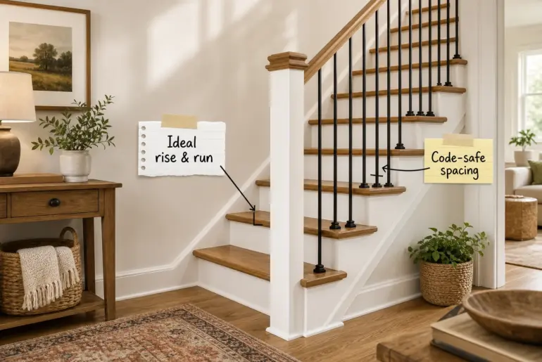 A modern craftsman staircase with wood treads, white risers, and black metal balusters in a bright hallway.