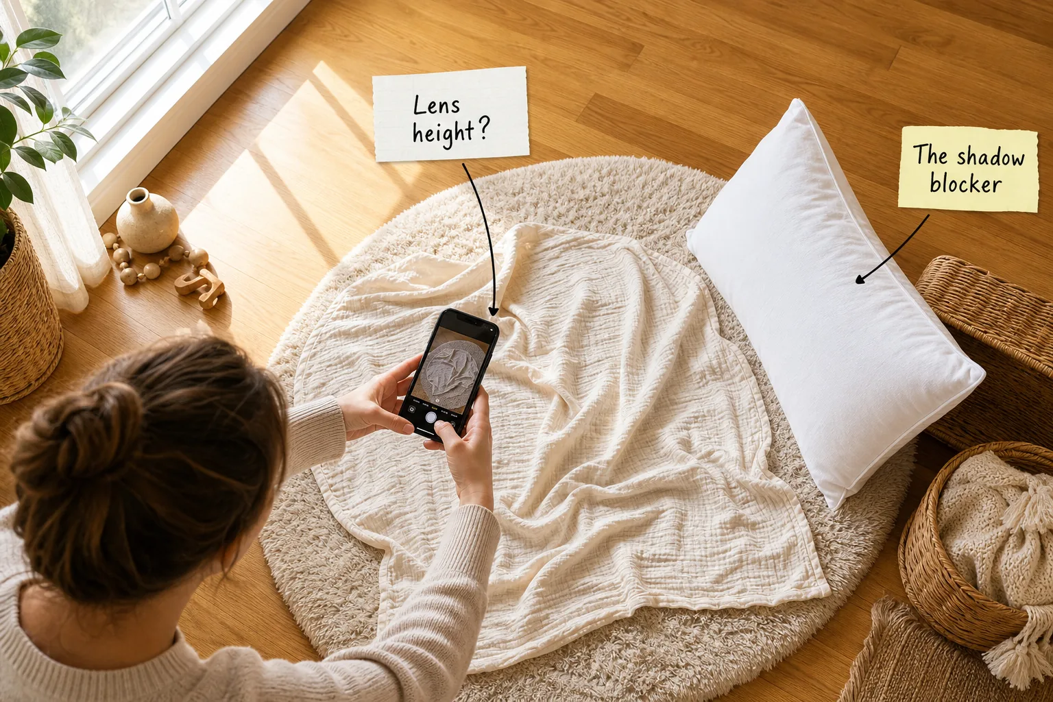 Overhead view of a DIY baby photo setup on a living room floor with a rug, muslin blanket, and pillow reflector.