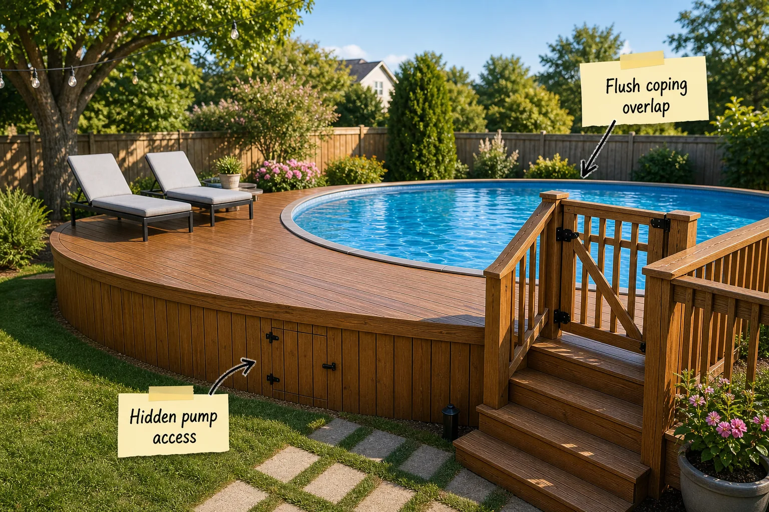A custom wooden deck wrapping halfway around a round above-ground pool in a sunny backyard.