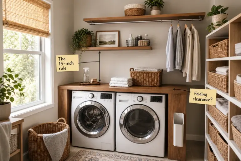 A beautifully organized, compact laundry room with side-by-side front loaders, a custom wooden folding counter, and open floating shelves.