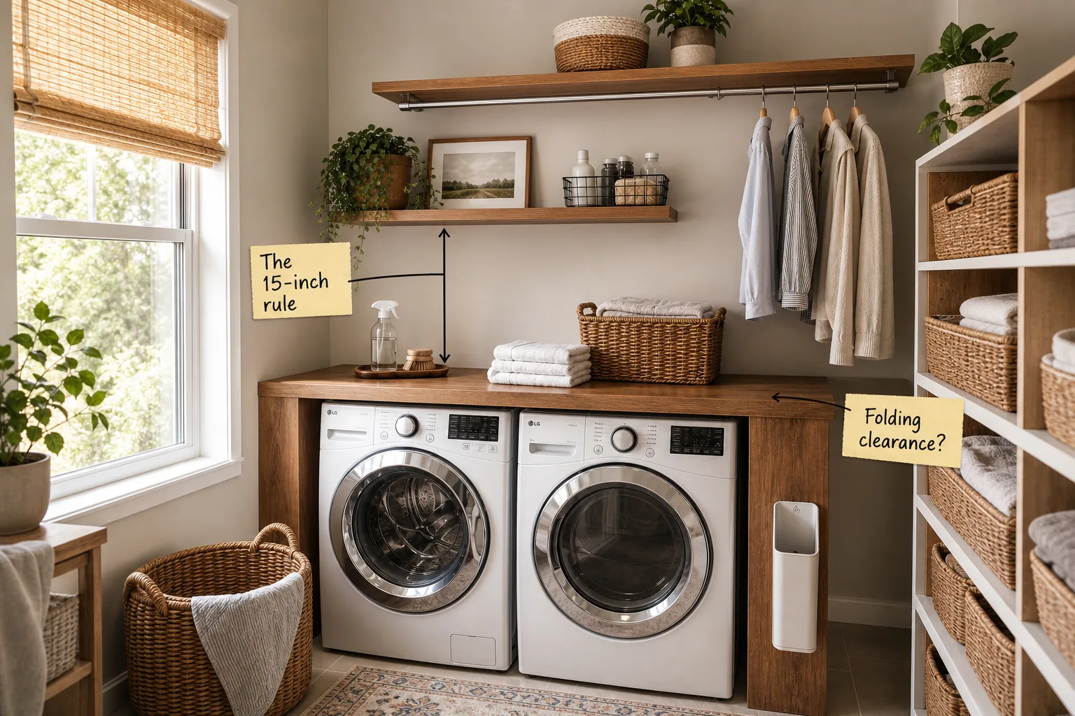 A beautifully organized, compact laundry room with side-by-side front loaders, a custom wooden folding counter, and open floating shelves.