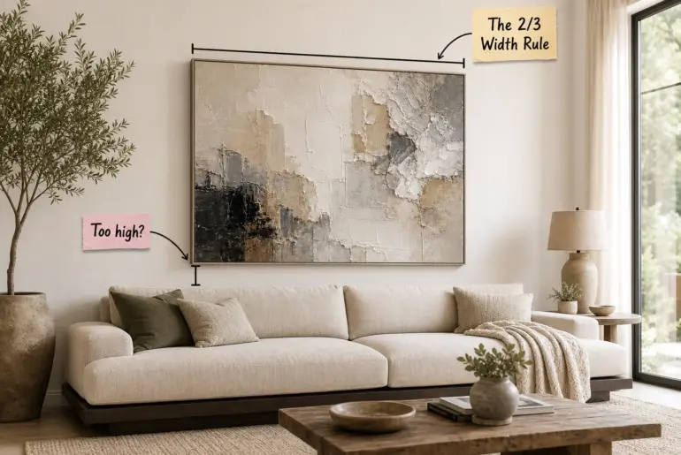 A large abstract textured canvas hanging above a modern low-profile beige sofa in a bright living room.