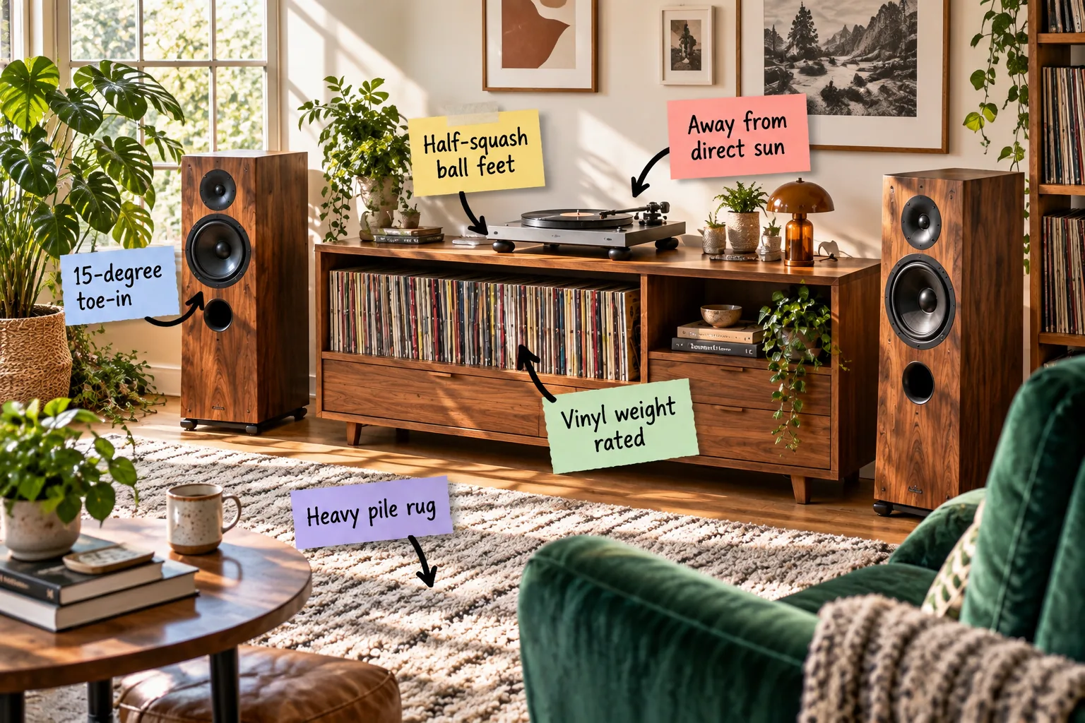 Sunlit listening room with a walnut console, turntable, freestanding speakers, and a green velvet lounge chair.