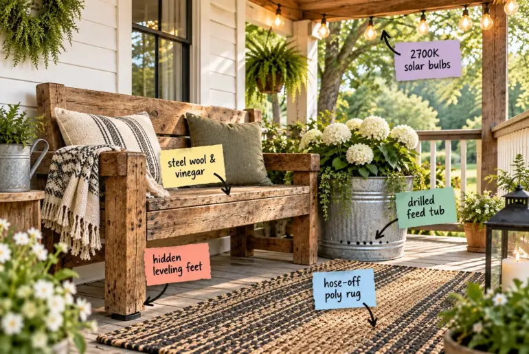 Rustic back porch with a chunky wooden bench, galvanized planter, string lights, and an outdoor rug.