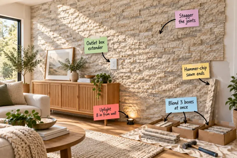 A nearly finished ledgestone accent wall in a living room with open stone boxes and sticky notes pointing out installation tips.