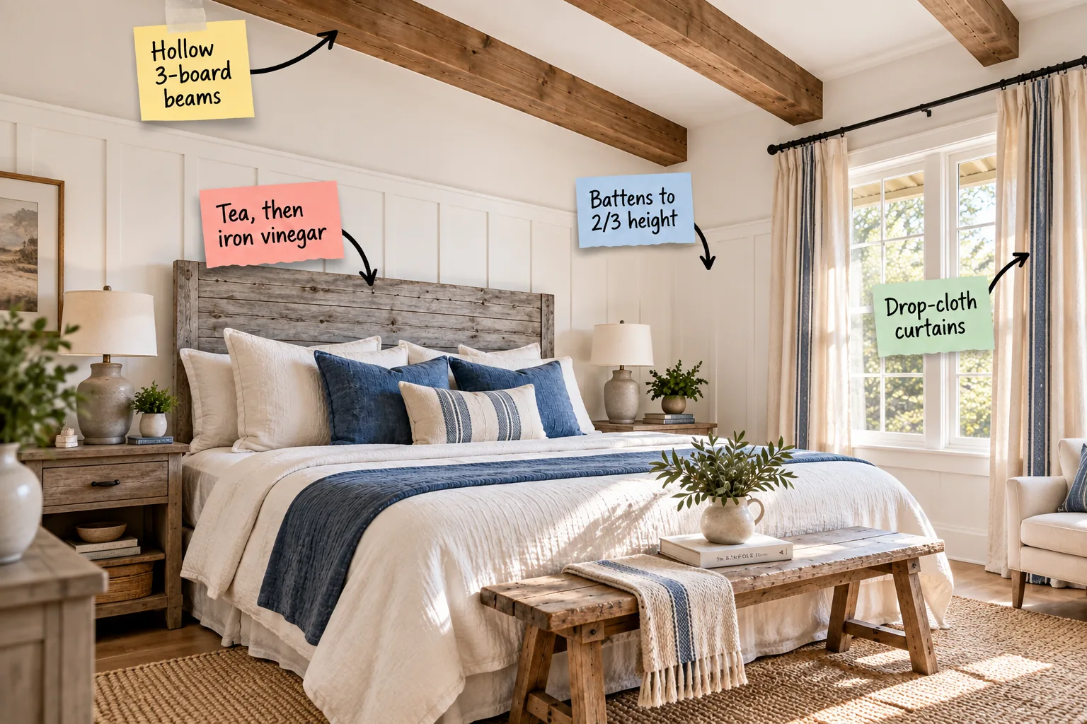 Sunlit farmhouse master bedroom featuring stained wood ceiling beams, a weathered gray pine headboard, white board-and-batten wainscoting, and drop-cloth curtains with indigo stripes.