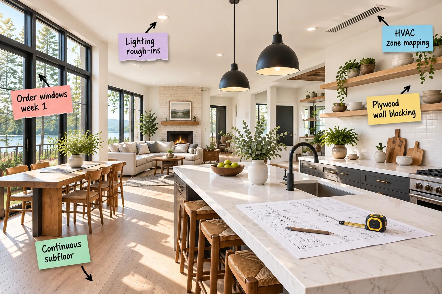Open-plan kitchen and living area with large windows, floating shelves, and blueprints on a quartz island, featuring remodeling labels.