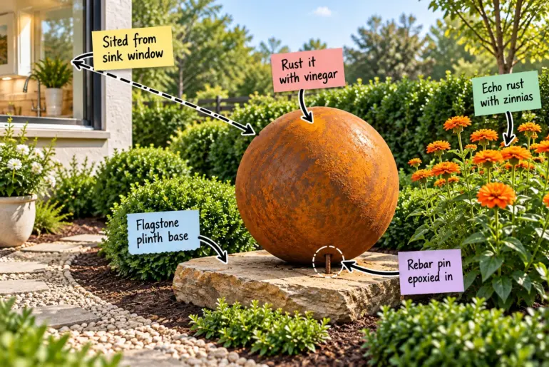 Rust-orange steel sphere on a flagstone base surrounded by boxwoods and orange zinnias, viewed from a kitchen window.