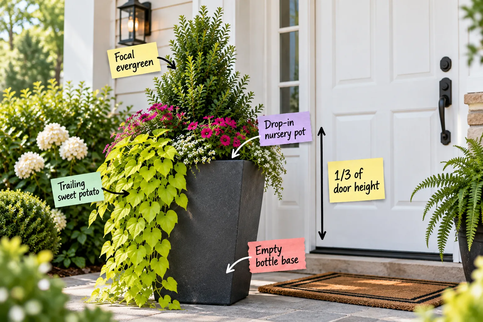 A tall charcoal planter with a boxwood, pink flowers, and trailing sweet potato vine next to a white front door, with labels detailing the plant types and sizing rules.