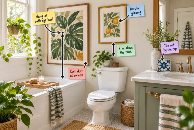 A bright bathroom with a botanical print by the tub, a lemon print over the toilet, and a ceramic tile on the vanity, all with instructional labels.