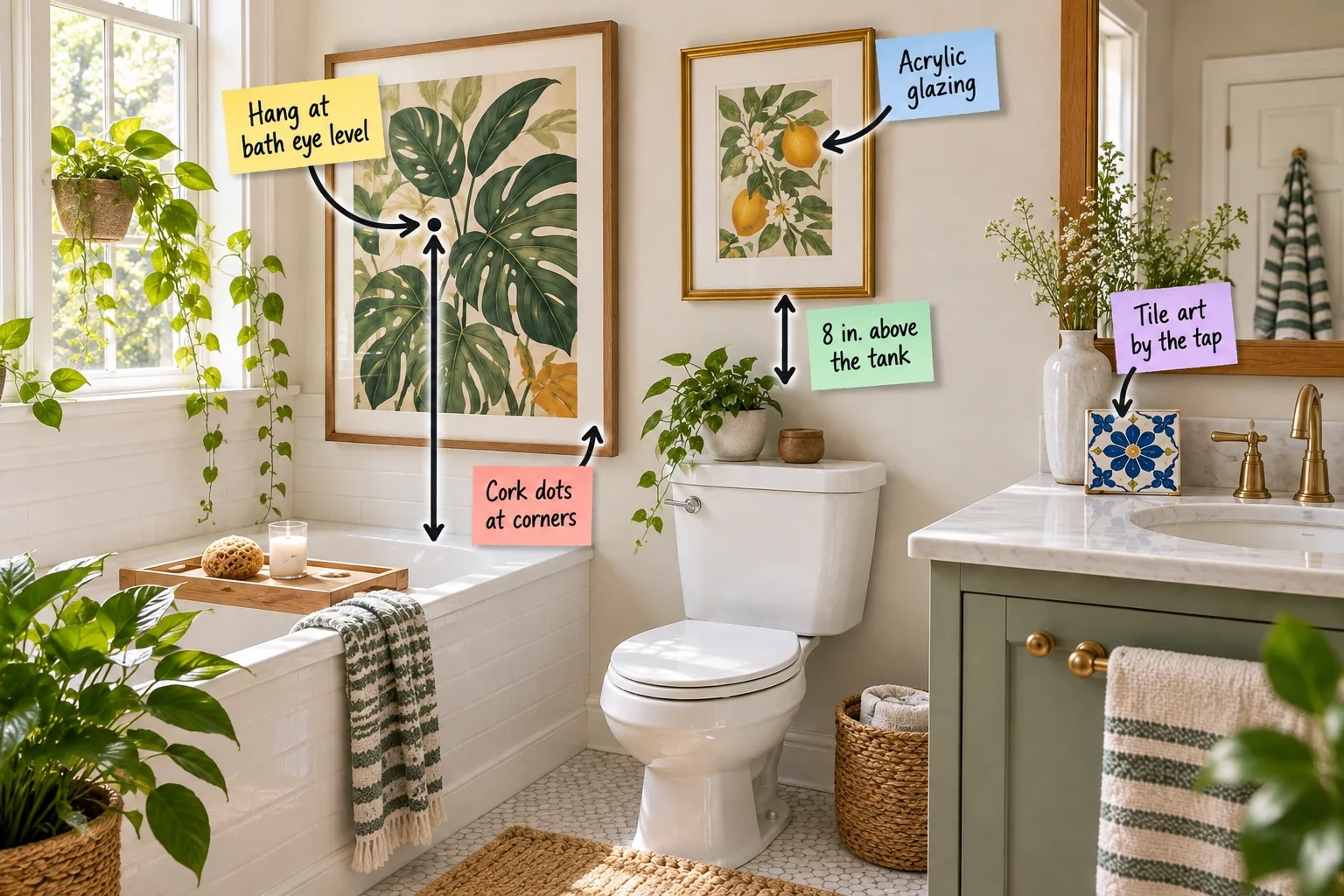 A bright bathroom with a botanical print by the tub, a lemon print over the toilet, and a ceramic tile on the vanity, all with instructional labels.
