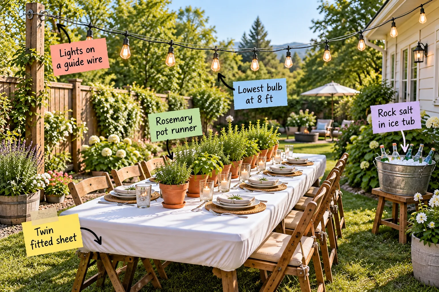 A sunlit backyard lawn set for a 12-guest party featuring a folding table covered in a white twin fitted sheet, overhead festoon lights on a steel guide wire, a runner of potted rosemary, and a galvanized drink tub.
