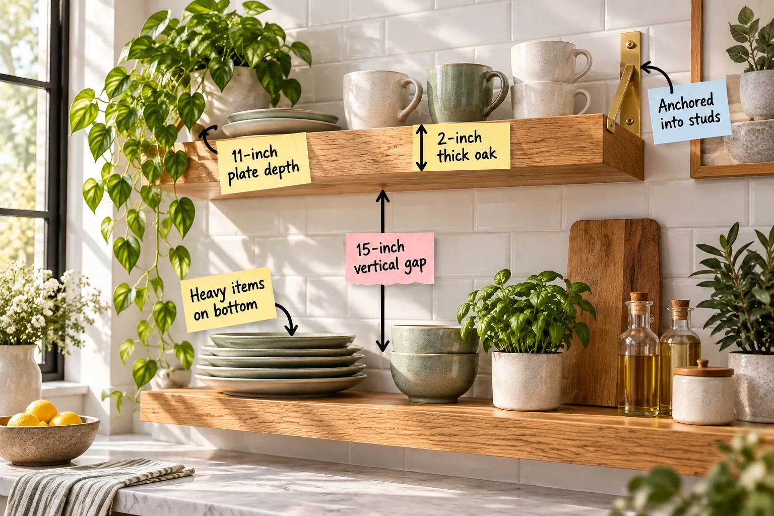 Solid oak open kitchen shelves mounted on white subway tile, styled with green and white ceramics and a trailing plant.