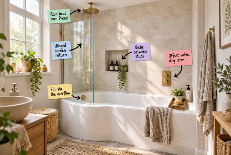 A bright bathroom featuring a white P-shaped bath with a glass screen, brass shower controls on the wall, a built-in niche, and a rain shower head.