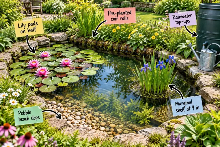 Small kidney-shaped backyard pond with clear water, pink water lilies, natural stone edging, and a pebble beach slope.