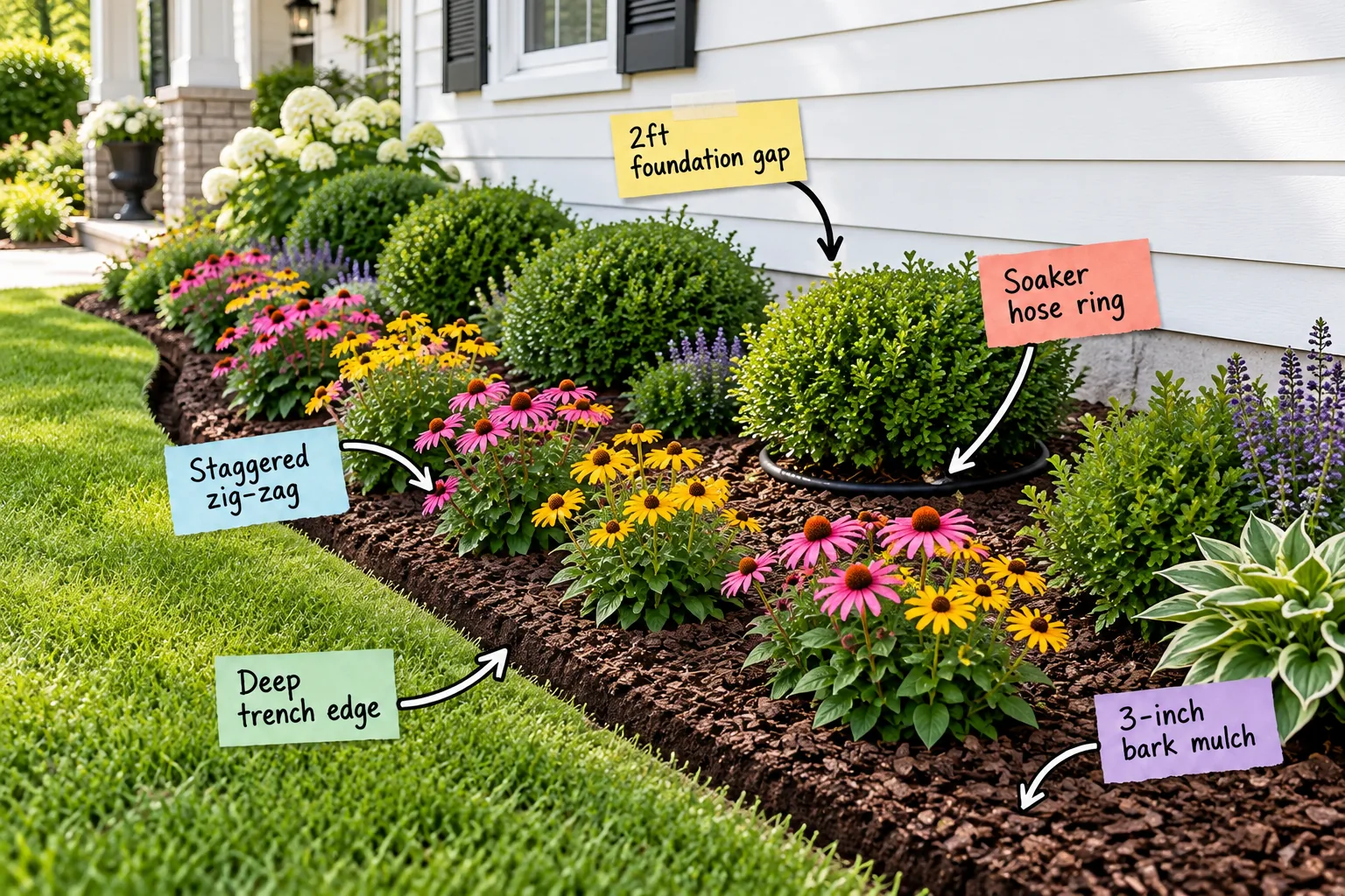 A neatly planted front yard flower bed with boxwoods, coneflowers, dark mulch, and a crisp trench edge along a white house foundation.