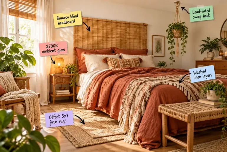Sunlit boho bedroom featuring a bamboo blind headboard, terracotta linen bedding, layered jute rugs, and hanging plants.