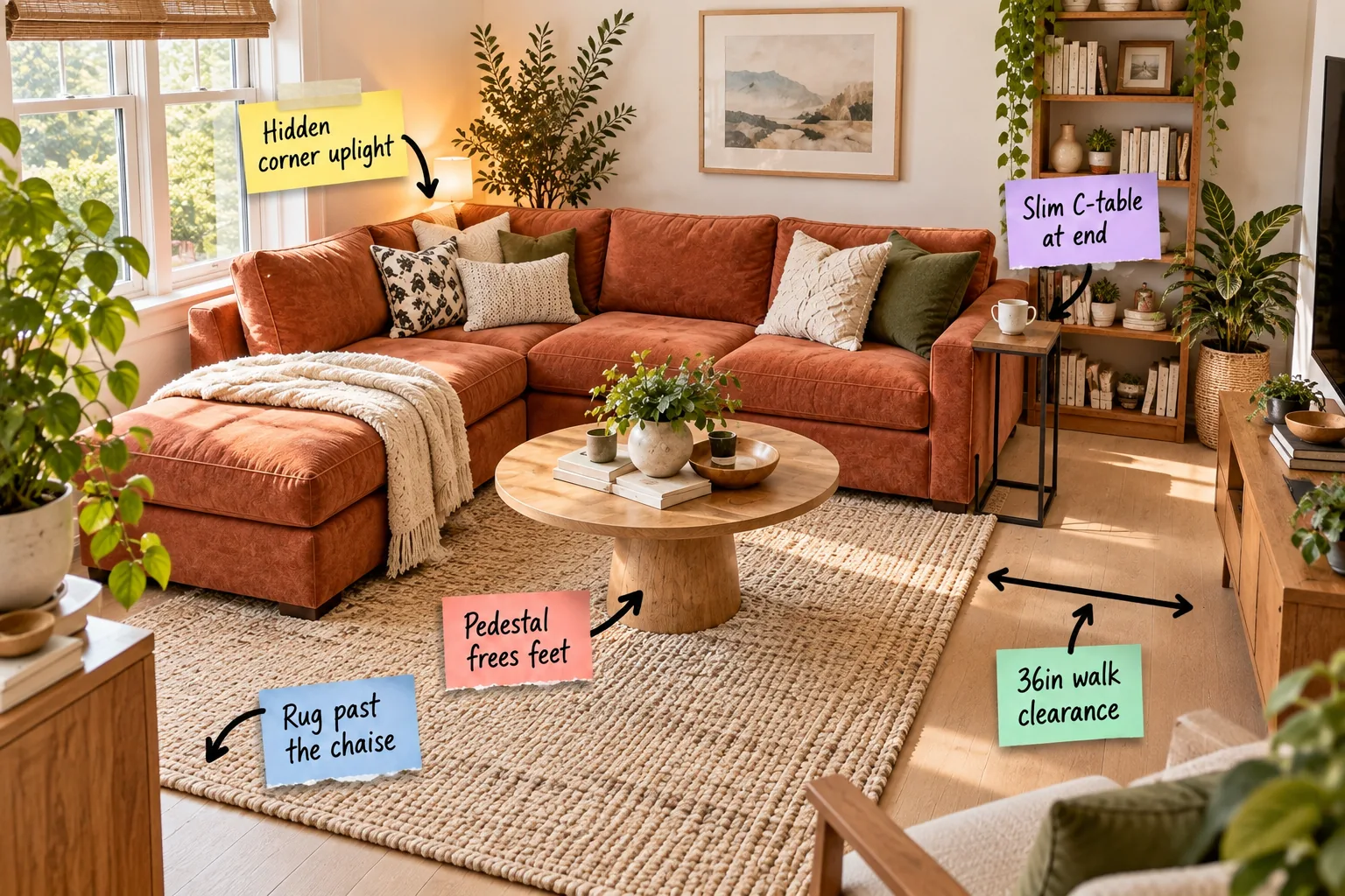 A bright small living room featuring a rust orange L-shaped sectional, round wood pedestal coffee table, and jute rug.
