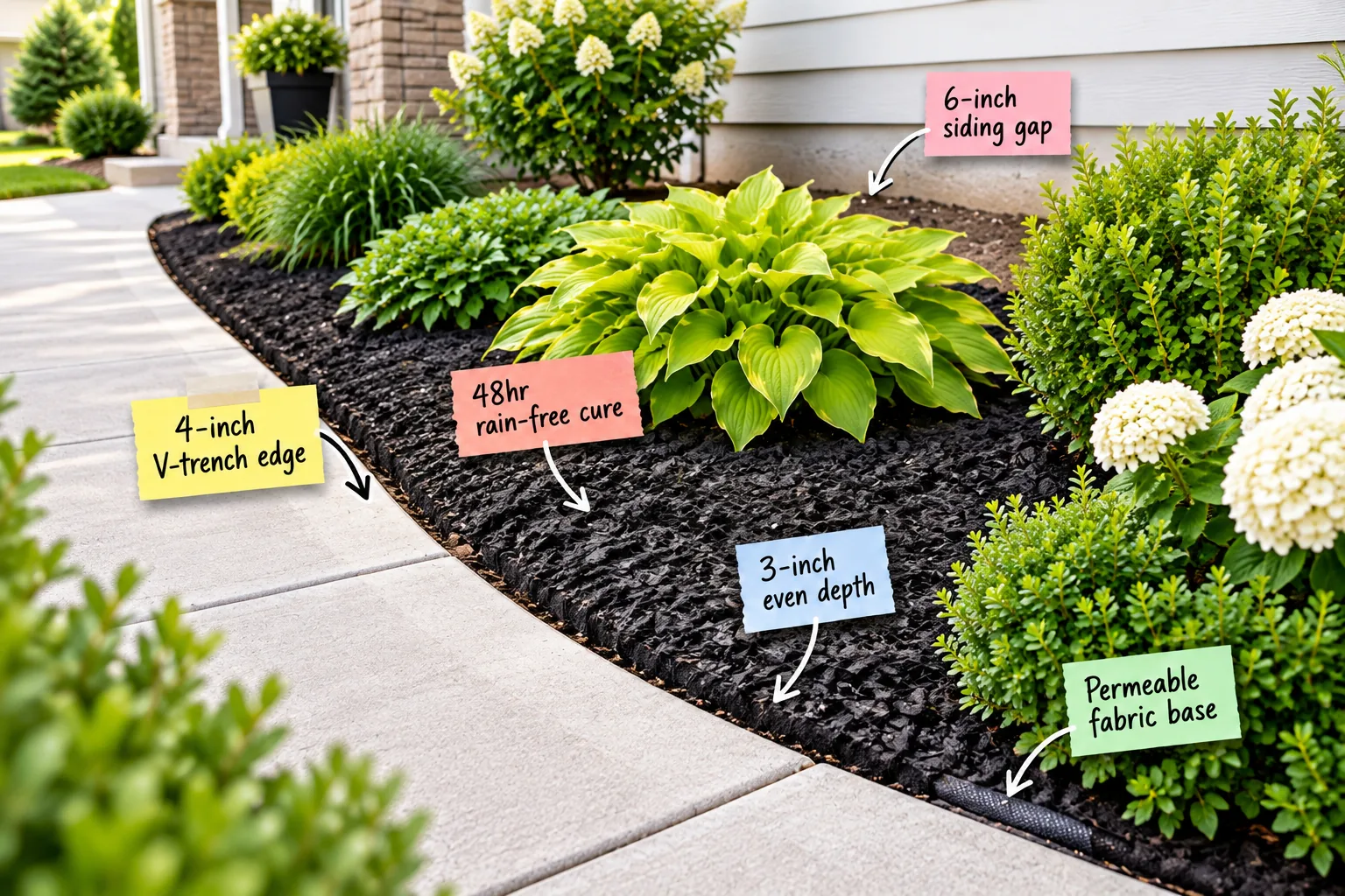 A crisp front garden bed filled with rich black mulch, bordered by a clean concrete walkway and planted with bright chartreuse foliage, with instructional labels pointing to key features.