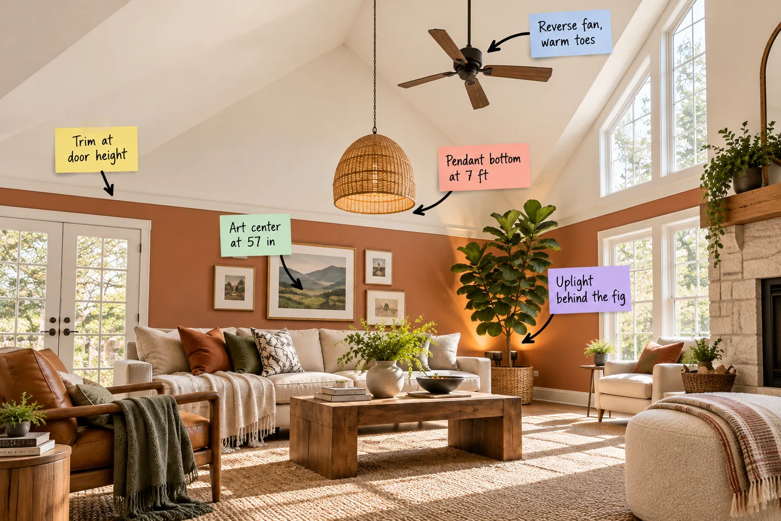 A sunlit living room with a white cathedral ceiling, terracotta lower walls, a woven pendant light, and a tall fig tree.