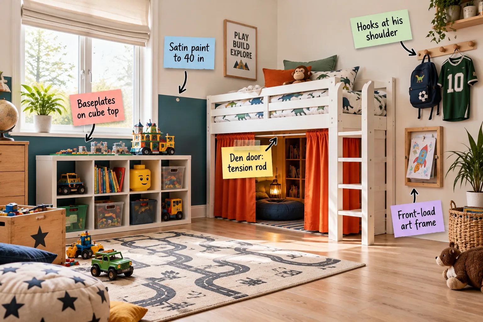 A bright 10x10 boy's bedroom featuring a white midsleeper bed with an orange curtained den underneath, a sideways cube shelf under the window, and a two-tone teal and white wall.