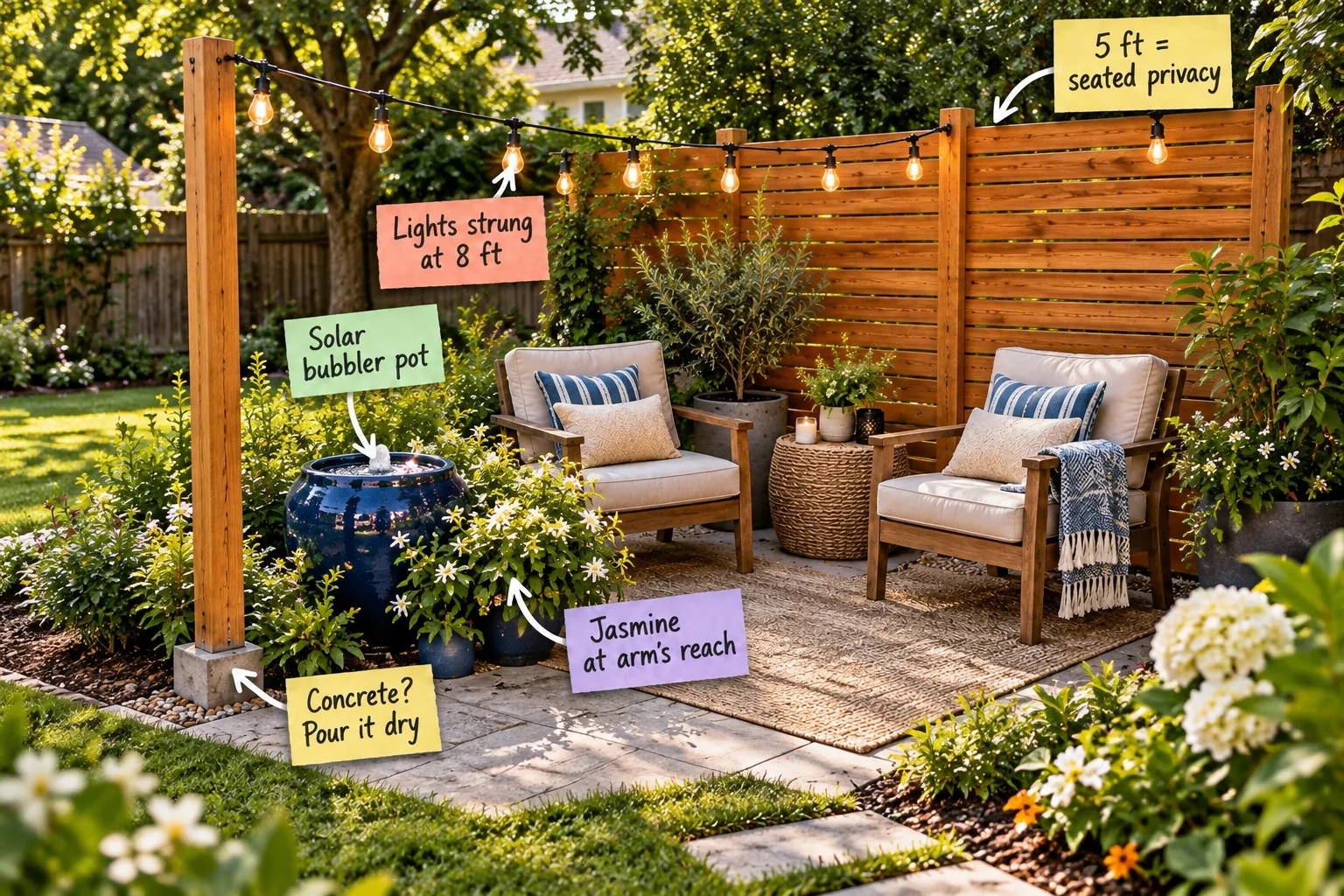 A finished outdoor lounge area in a backyard corner with a cedar privacy screen, string lights, two chairs, and a blue bubbling planter.