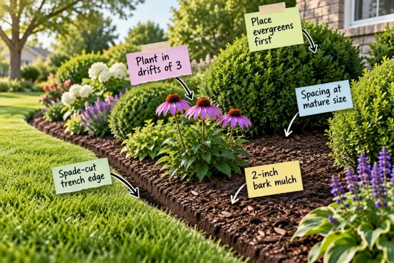 Beautifully layered curved garden bed with structured evergreens, purple coneflowers, a crisp trench edge, and dark bark mulch next to a lush lawn.