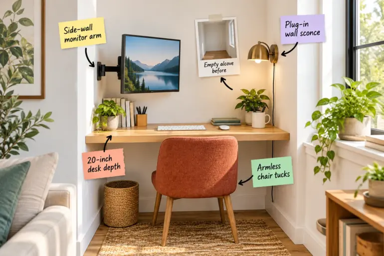 A small, bright home office built into a narrow alcove featuring a floating wood desk, side-mounted monitor, brass wall sconce, and a terracotta chair tucked underneath.