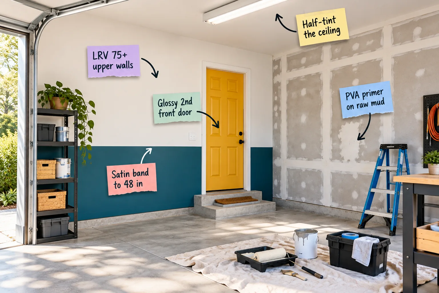 A two-car garage interior featuring a deep teal lower wall band, warm white upper walls, a glossy marigold door, and an unfinished taped drywall section.