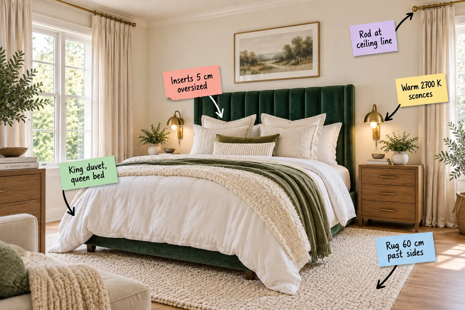 A modern luxury bedroom featuring a tall emerald green velvet headboard, oversized white bedding, brass wall sconces, and a large cream wool rug.