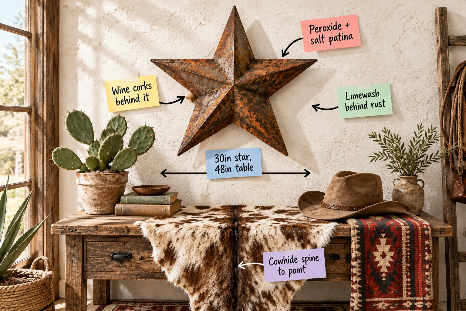A rusted metal lone star mounted on a white limewashed wall above a rustic wooden console table styled with western decor.