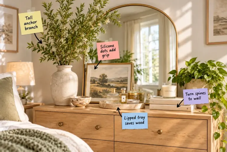A styled light oak dresser with a brass mirror, layered art, a marble tray, stacked books, and green plants, with four pointing labels explaining the decor tricks.