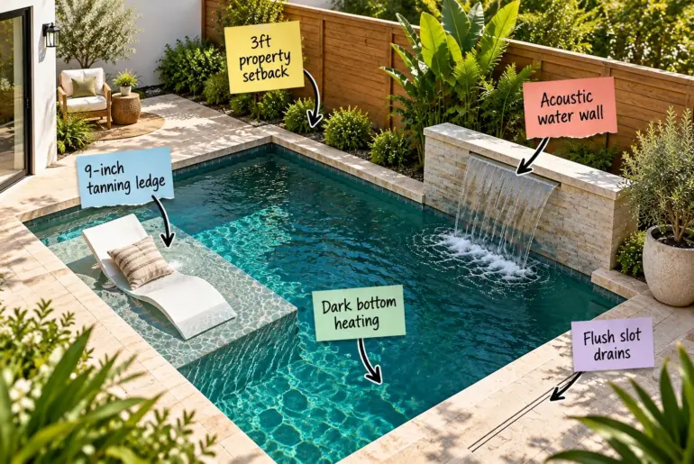 Annotated view of a small backyard plunge pool showing property setbacks, tanning ledge, water wall, dark plaster, and slot drains.