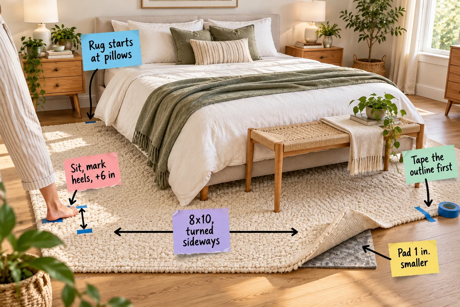 A sunlit bedroom showing a queen bed with a cream wool rug placed sideways, featuring sticky notes with placement measurements and tape marks on the floor.