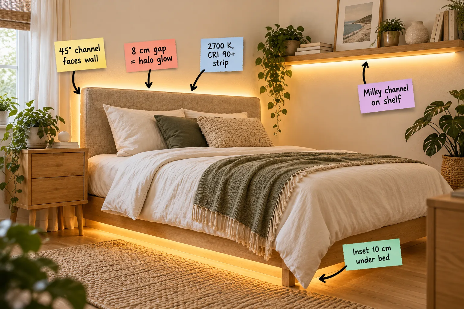 Cozy bedroom with warm LED lighting glowing behind a linen headboard, under a floating shelf, and beneath an oak bed frame.