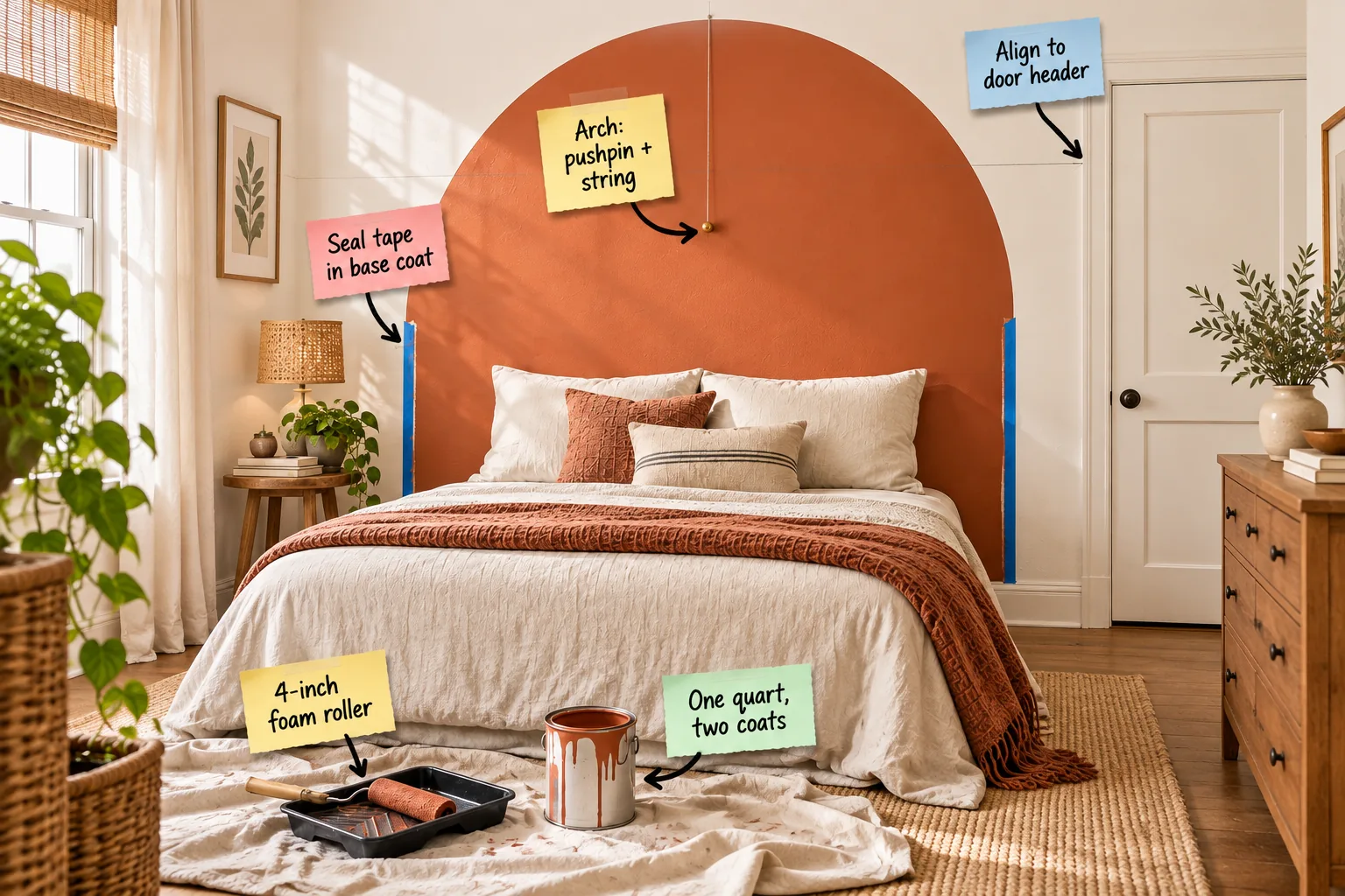A freshly painted terracotta arch headboard on a warm white bedroom wall, with painter's tape, a pushpin compass, and painting supplies visible.