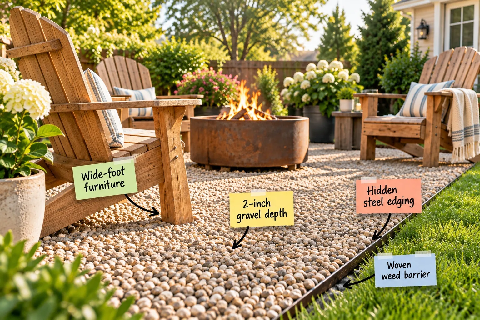 Sunlit backyard patio with wooden Adirondack chairs around a fire pit on level pea gravel, bordered by steel edging and grass.